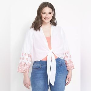 Lane Bryant Size 34/36 Long Sleeve Tie Front Eyelet Overpiece Shirt. Worn once
